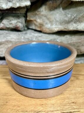Salt Bowl Bretby Tan Blue Stripes Stoneware Crockery Vintage Farmhouse Food Prep